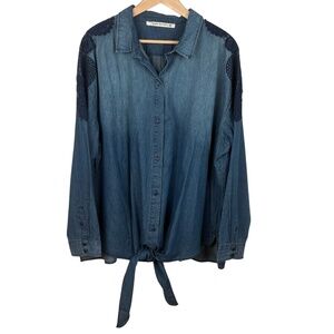 Hippie Laundry Ombre Denim Tunic Shirt Lace Details Front Tie Sz 3X Cottagecore